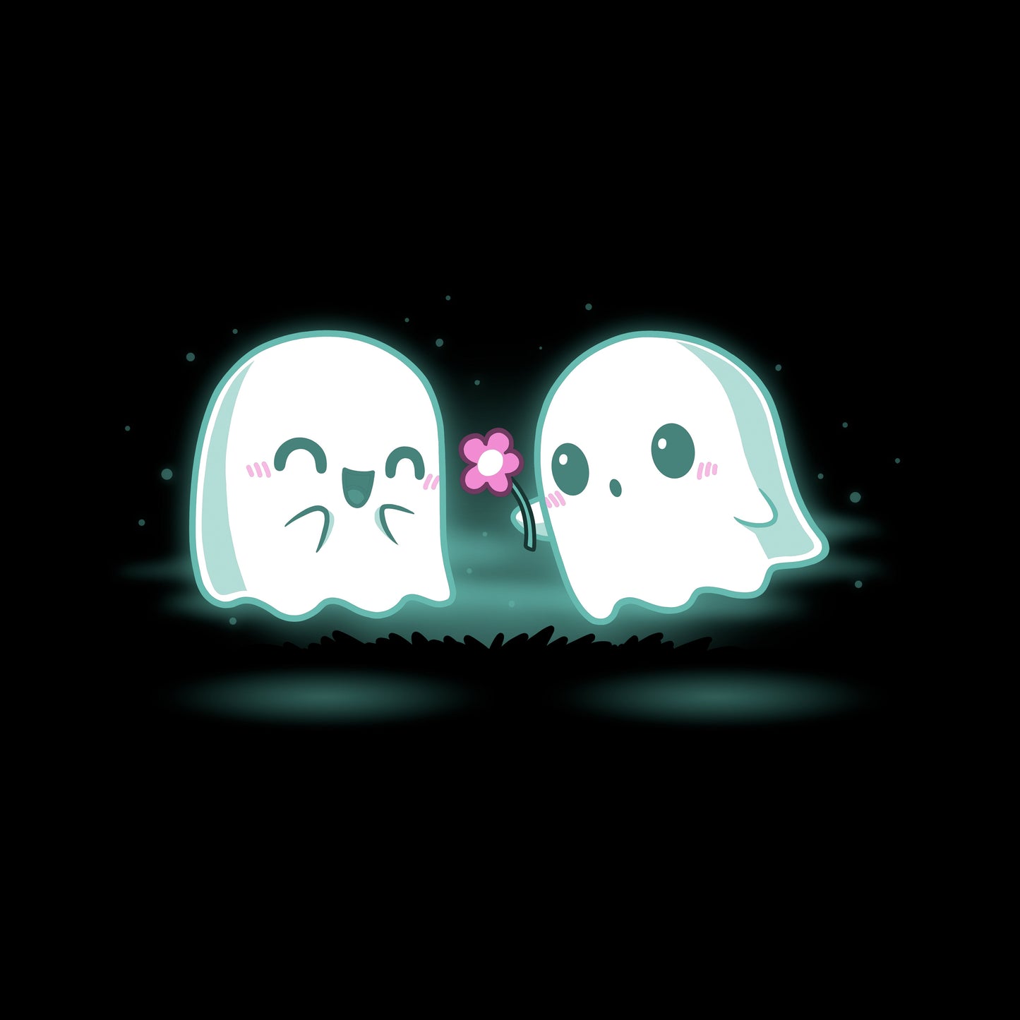 Crew Neck Sweatshirt_TeeTurtle One Boo Love black design featuring two cute kawaii ghost-like Halloween characters are glowing softly in the dark on a black apparel. One ghost is smiling with eyes closed while the other offers a pink flower.