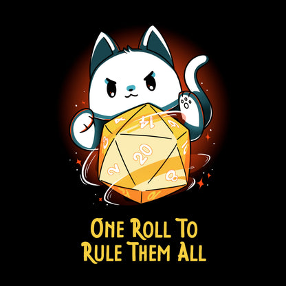 Pullover Hoodie_TeeTurtle One One Roll To Rule Them All Black design featuring a white cat rolling an oversized tabletop game 20 sided dice, with 20 facing forward, and the text in fantasy script "One roll to rule them all" below.