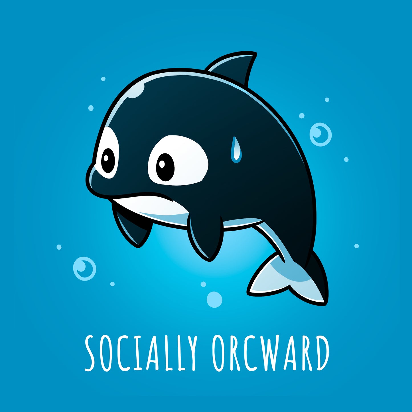 Classic Cotton T-shirt_TeeTurtle Orcward Sapphire Blue t-shirt featuring a cartoon of an orca with a nervous expression, a sweat drop on its head, and the text "SOCIALLY ORCWARD" below it. 