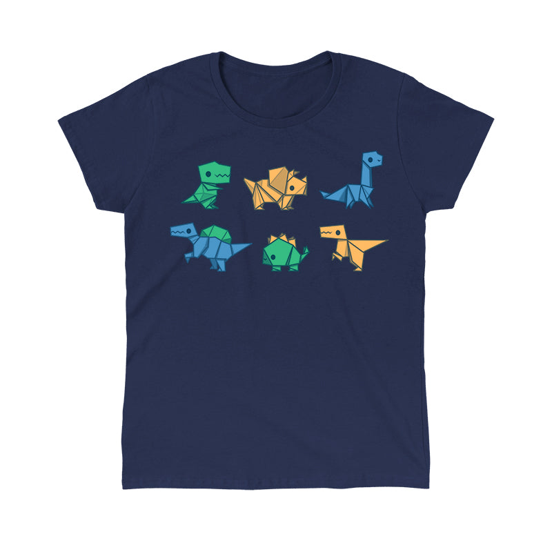 Classic Cotton T-shirt_TeeTurtle Origami Dinos navy blue t-shirt featuring a collection of origami dinosaurs in different colors.