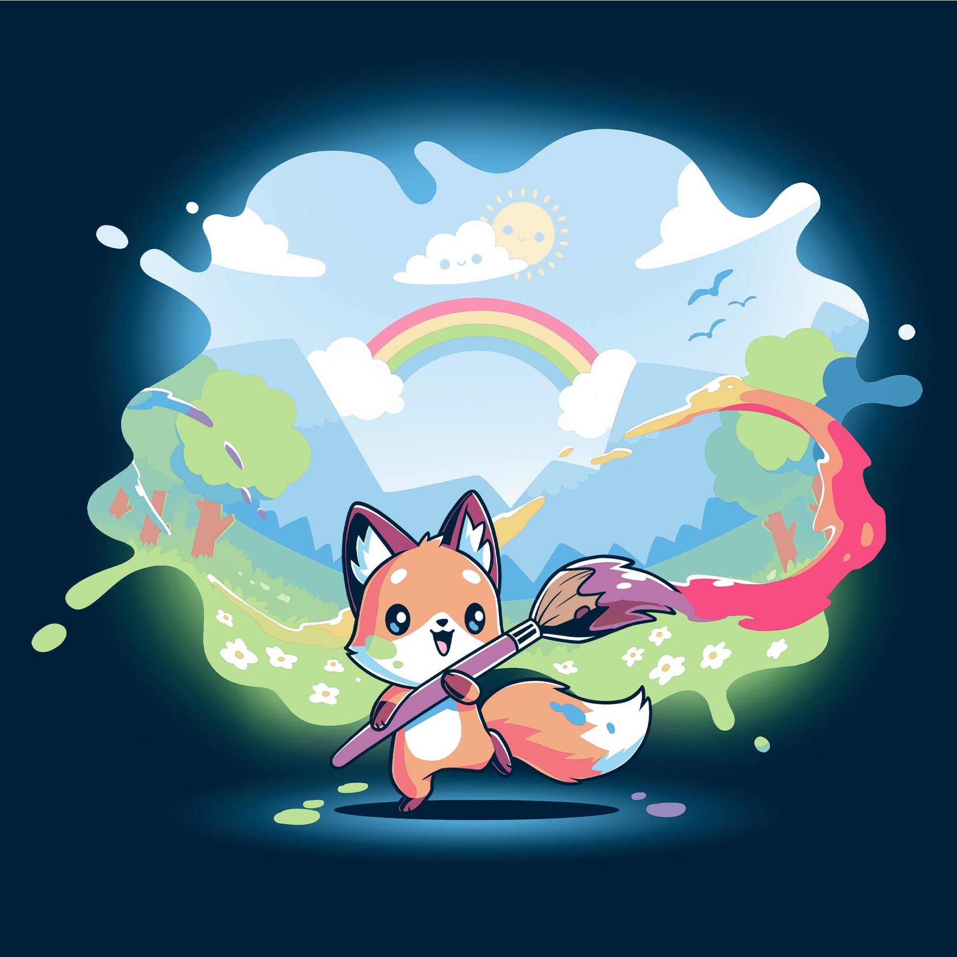 Long Sleeve T-shirt_TeeTurtle Paint Your Own World navy blue t-shirt featuring a drawing cartoon fox who holds a paintbrush, trailing vibrant colors as it paints a lively landscape with hills, trees, a rainbow, and a bright sky.