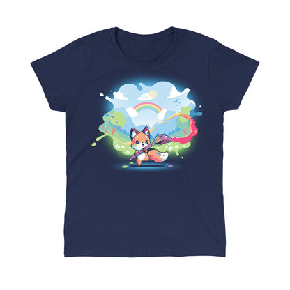 Classic Cotton T-shirt_TeeTurtle Paint Your Own World navy blue t-shirt featuring a drawing cartoon fox who holds a paintbrush, trailing vibrant colors as it paints a lively landscape with hills, trees, a rainbow, and a bright sky.