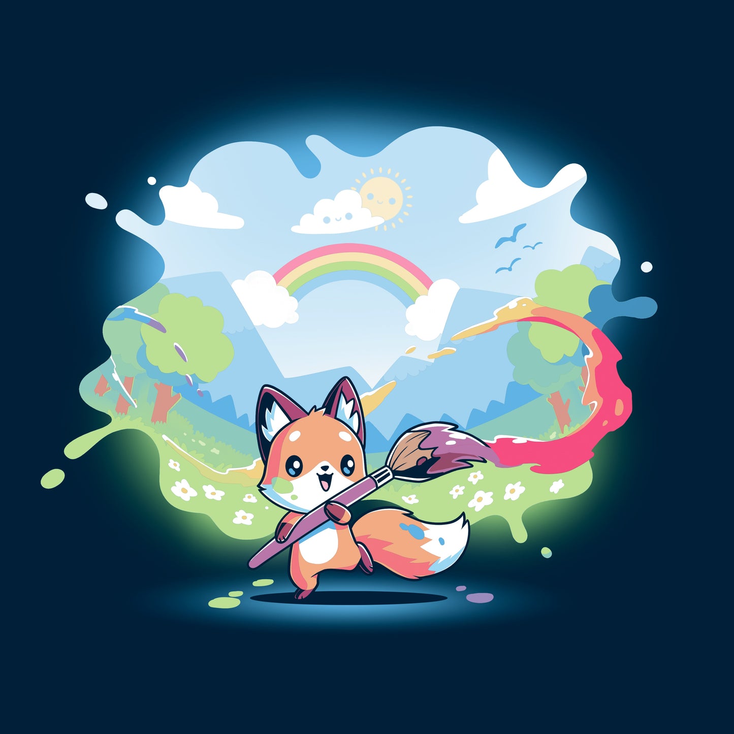 Classic Cotton T-shirt_TeeTurtle Paint Your Own World navy blue t-shirt featuring a drawing cartoon fox who holds a paintbrush, trailing vibrant colors as it paints a lively landscape with hills, trees, a rainbow, and a bright sky.