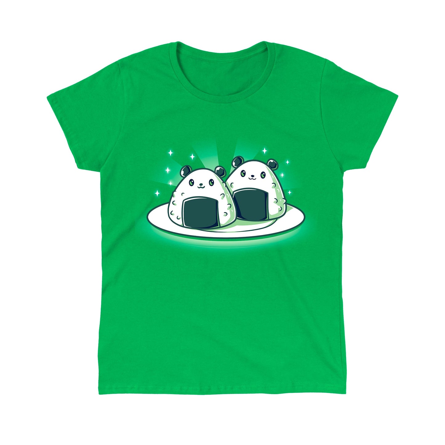 Classic Cotton T-shirt_Teeturtle Panda Onigiri Irish green t-shirt featuring a pair of cute, cartoon-styled Panda-shaped Onigiri on a plate.