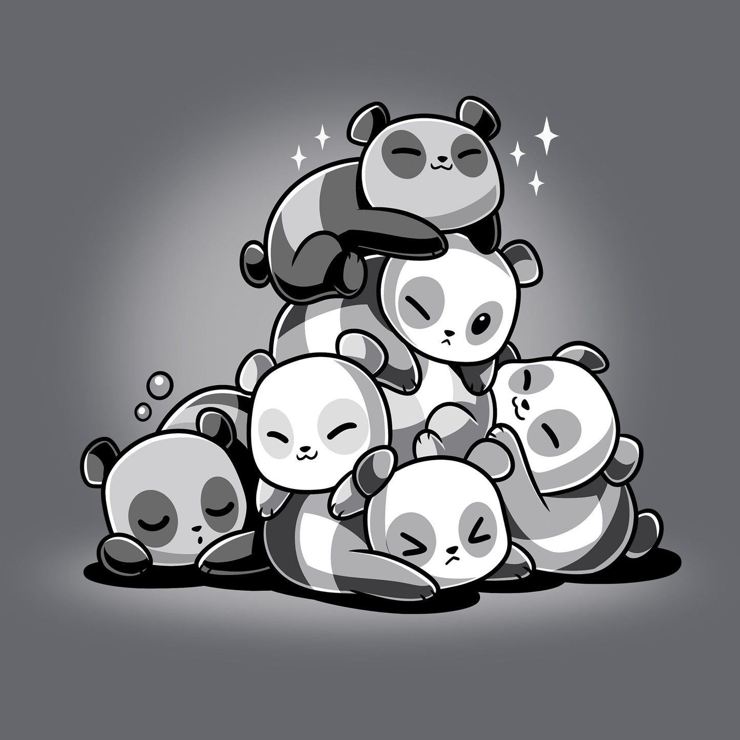 Classic Cotton T-shirt_TeeTurtle Panda Pile Charcoal Gray t-shirt featuring a group of cartoon pandas sleeping in a stack. 