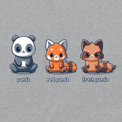 Classic Cotton T-shirt_TeeTurtle Panda, Red Panda, Trash Panda heather gray t-shirt featuring a panda, red panda, and raccoon sitting next to each other. 