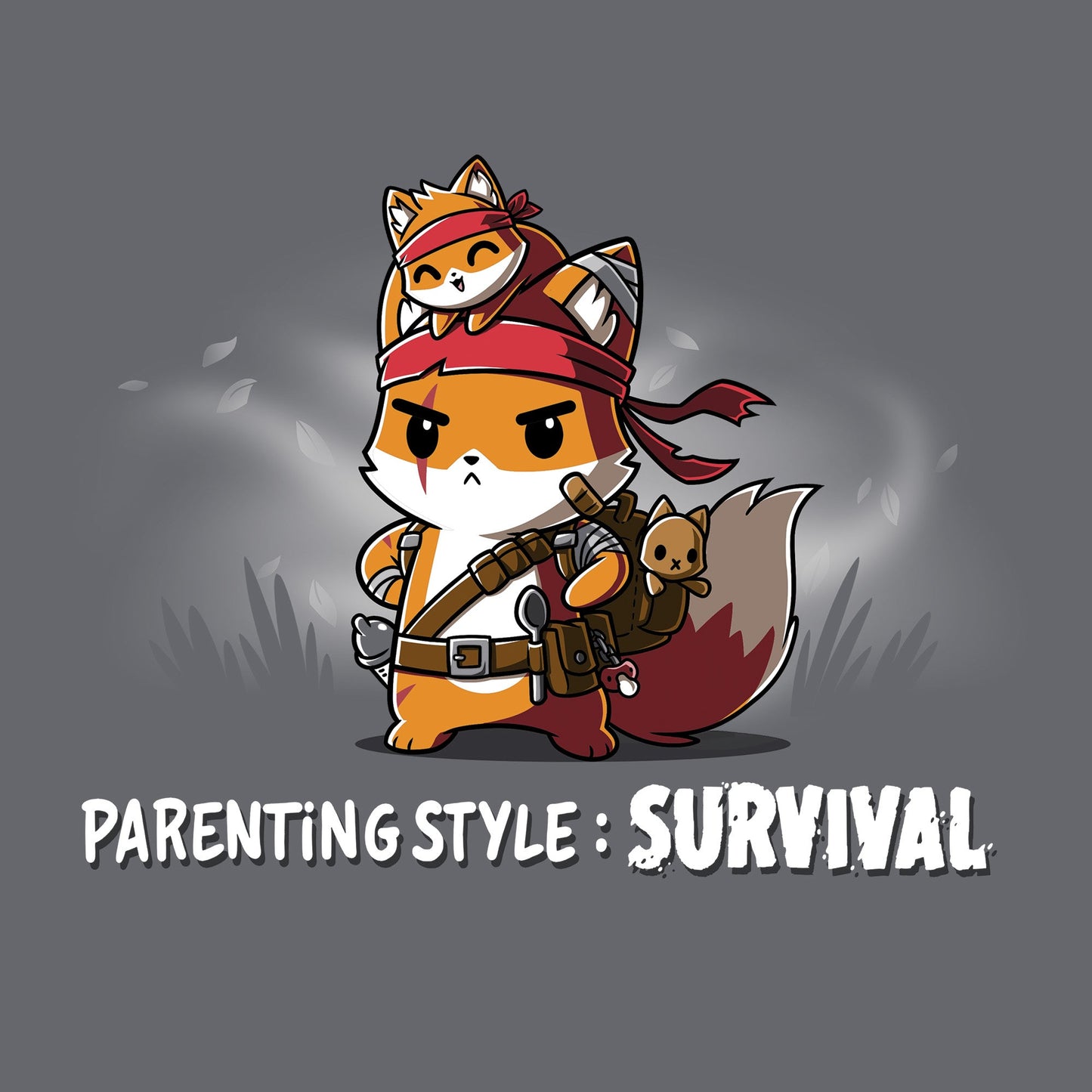 Classic Cotton T-shirt_TeeTurtle Parenting Style: Survival Charcoal Gray t-shirt featuring an illustration of a serious fox in survival gear, carrying a small fox on its head. Text below reads, "Parenting Style: Survival."