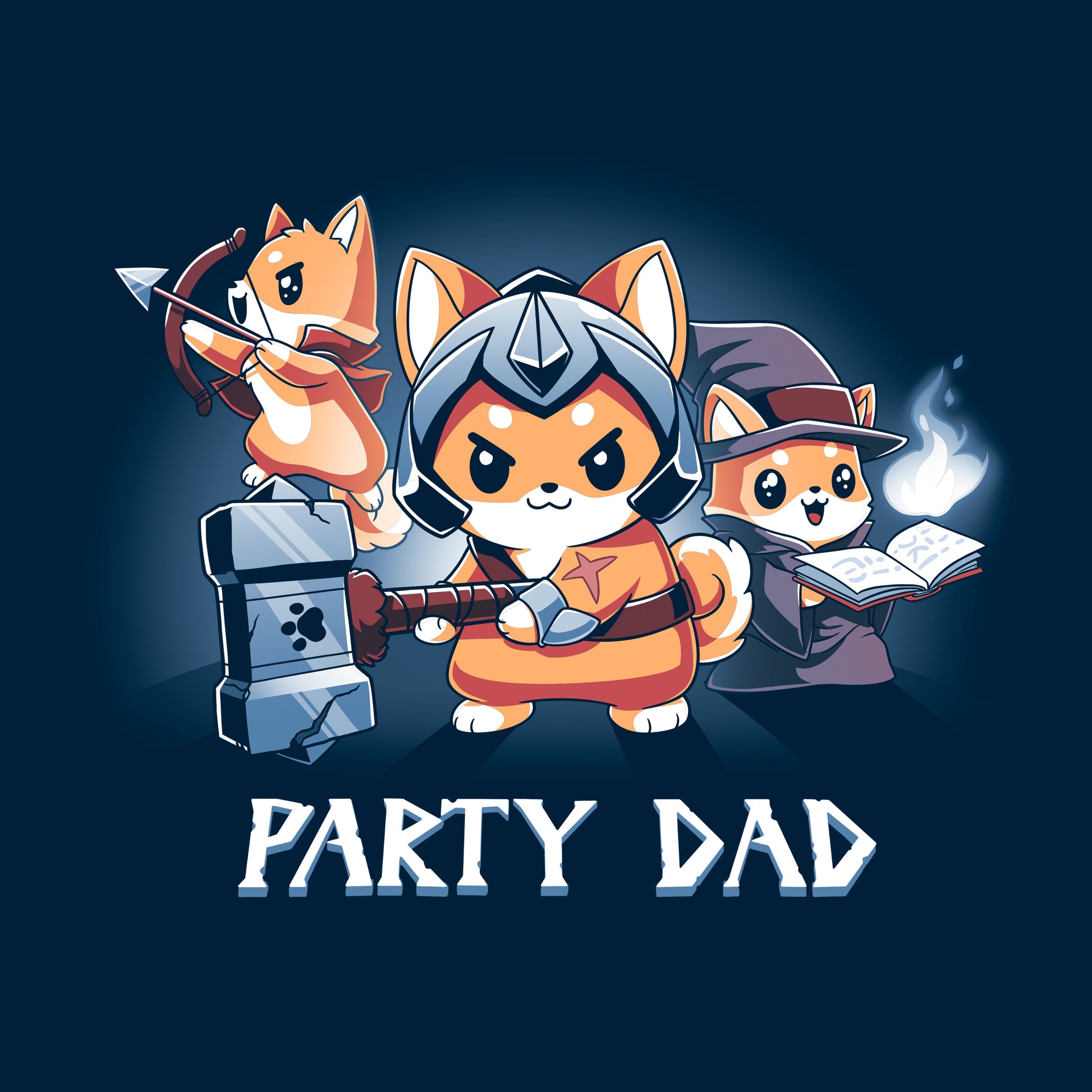 Classic Cotton T-shirt_TeeTurtle Party Dad navy blue t-shirt featuring a party of three foxes dressed as a warrior, an archer, and wizard with a pun below it.