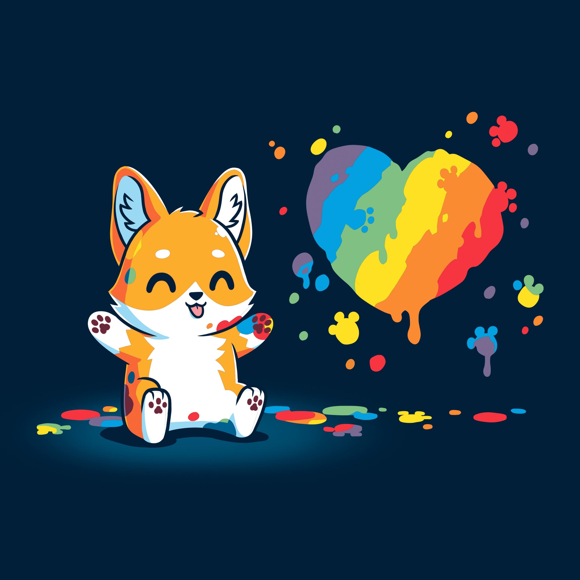 Classic Cotton T-shirt_TeeTurtle Paw Painting (Corgi) navy blue t-shirt featuring a kawaii corgi with a rainbow paint splash in a heart shape.