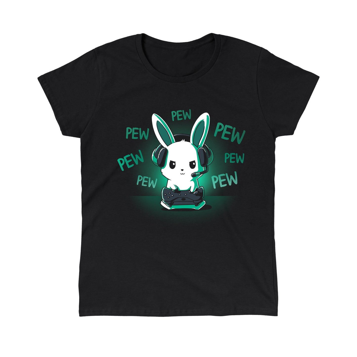 Classic Cotton T-shirt_TeeTurtle black Pew Pew Bunny. Featuring a bunny playing a video game with a controller making pew-pew sounds.