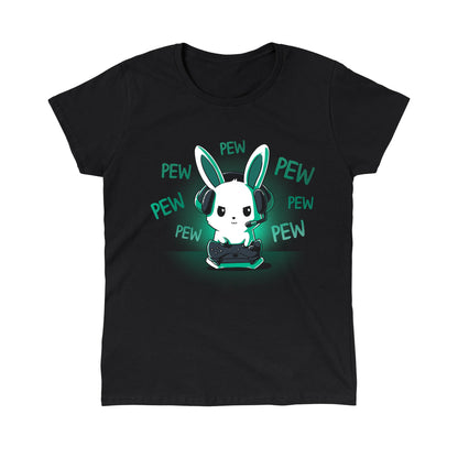 Classic Cotton T-shirt_TeeTurtle black Pew Pew Bunny. Featuring a bunny playing a video game with a controller making pew-pew sounds.