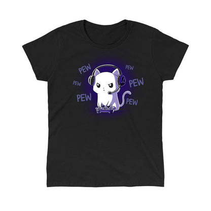 Classic Cotton T-shirt_TeeTurtle Pew Pew Kitty (Glow) black t-shirt featuring a white cat looking angry wearing a headset and holding a controller gaming surrounded by the word "pew."