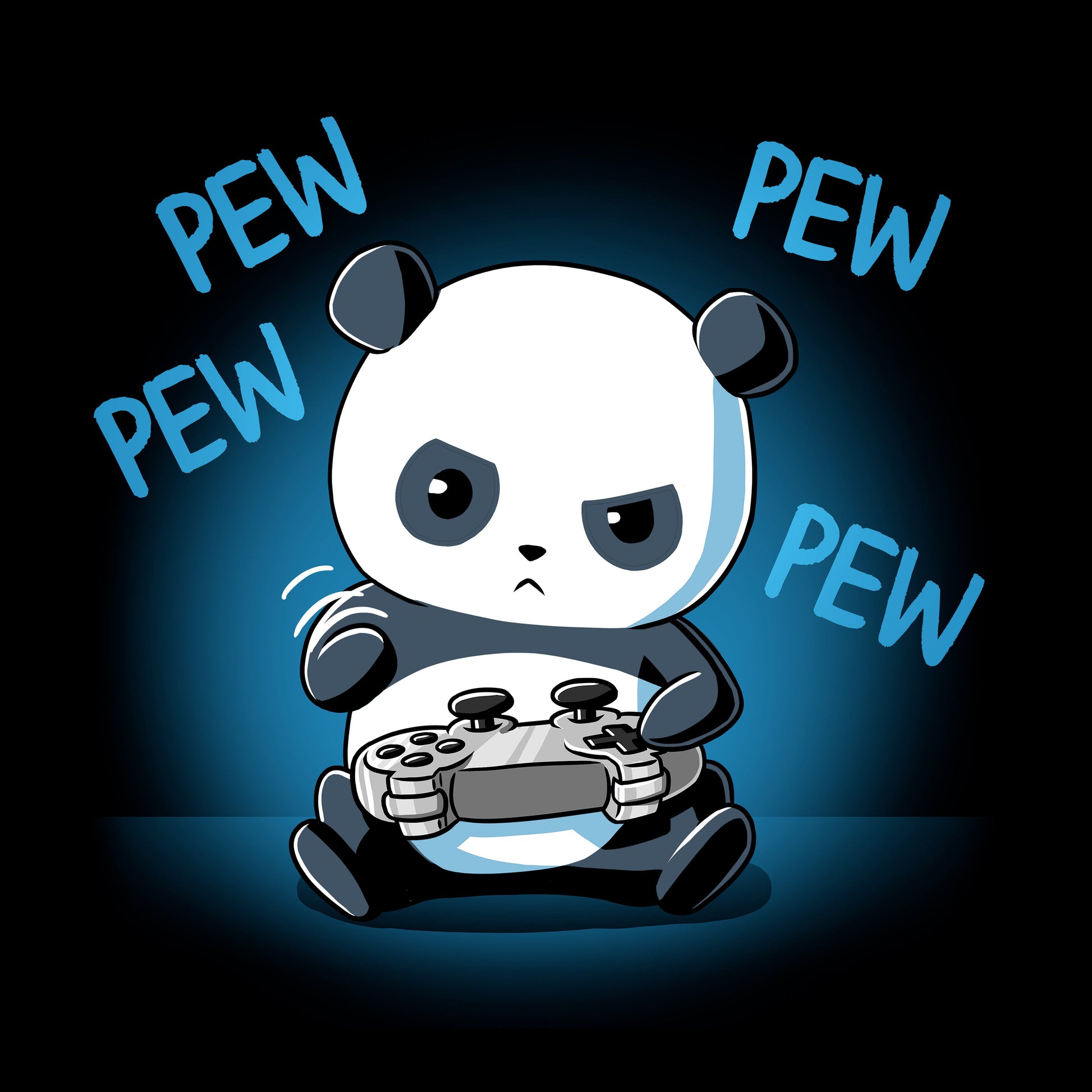 Long Sleeve T-shirt_TeeTurtle black Pew Pew Panda. Featuring a panda playing a video game with a controller.