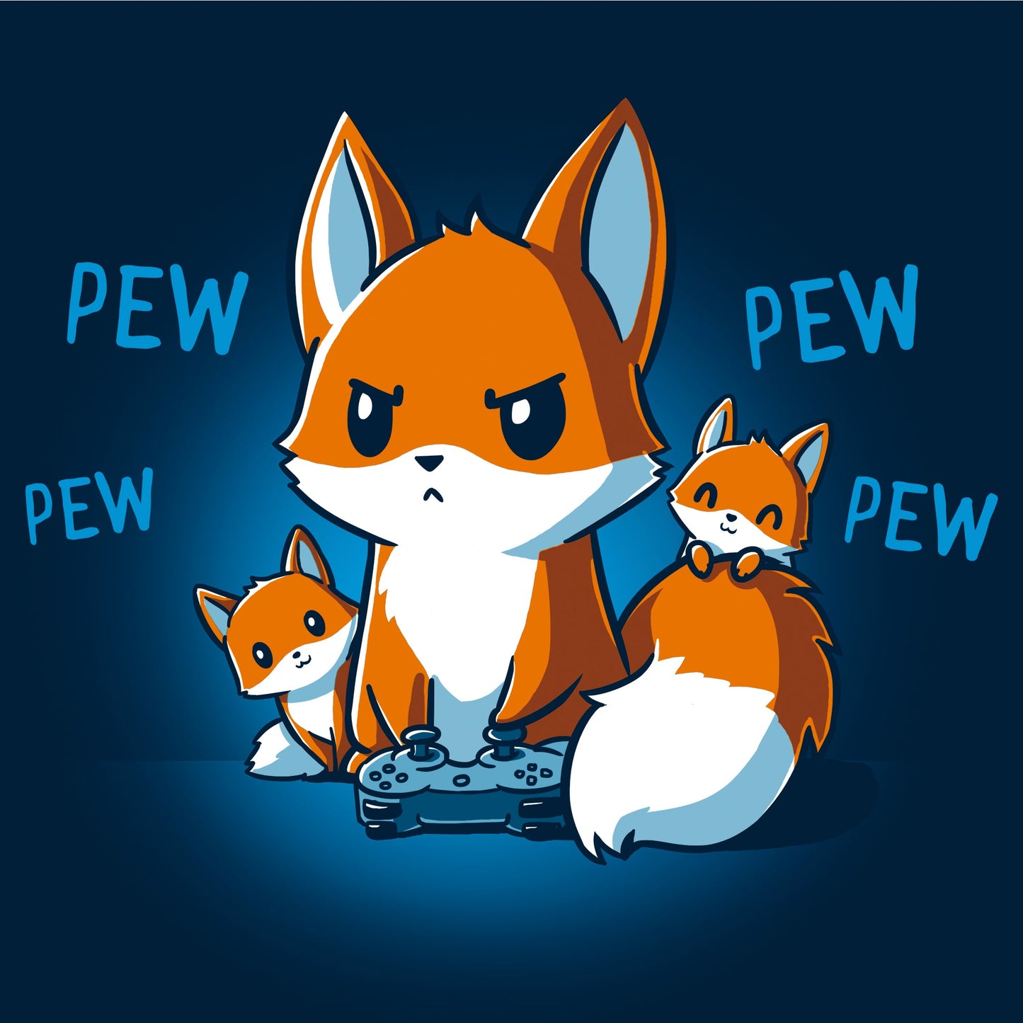 Long Sleeve T-shirt_TeeTurtle navy blue Pew Pew Parent. Featuring a parent fox playing a video game with a controller and its kits climbing over it.