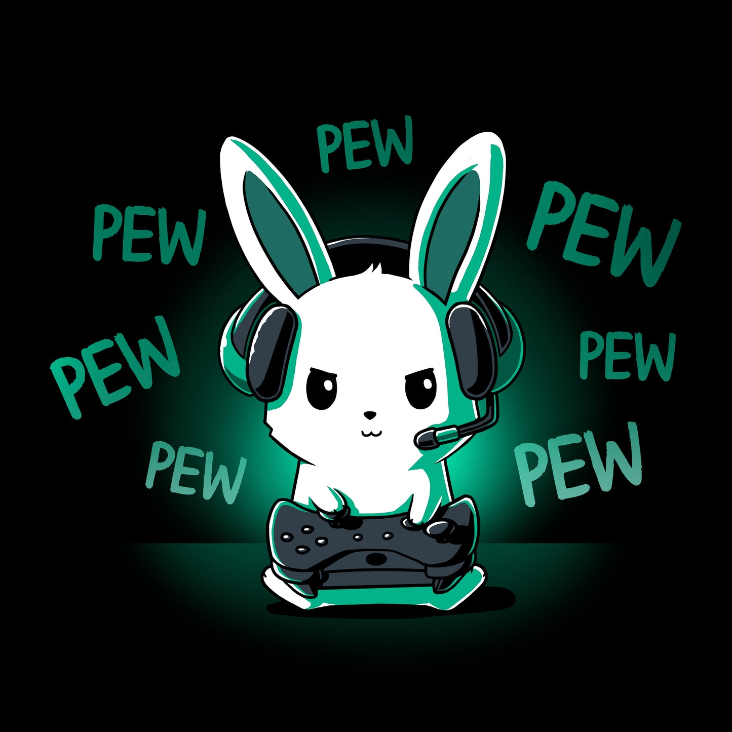 Classic Cotton T-shirt_TeeTurtle black Pew Pew Bunny. Featuring a bunny playing a video game with a controller making pew-pew sounds.