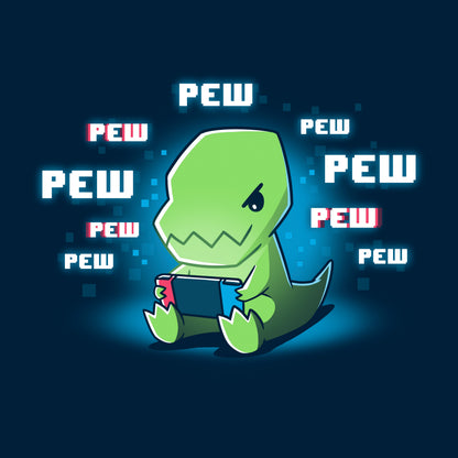 Classic Cotton T-shirt_TeeTurtle navy blue Pew Pew Dinosaur. Featuring a t-rex playing a video game on a handheld console.