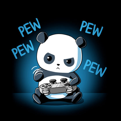 Classic Cotton T-shirt_TeeTurtle black Pew Pew Panda. Featuring a panda playing a video game with a controller.