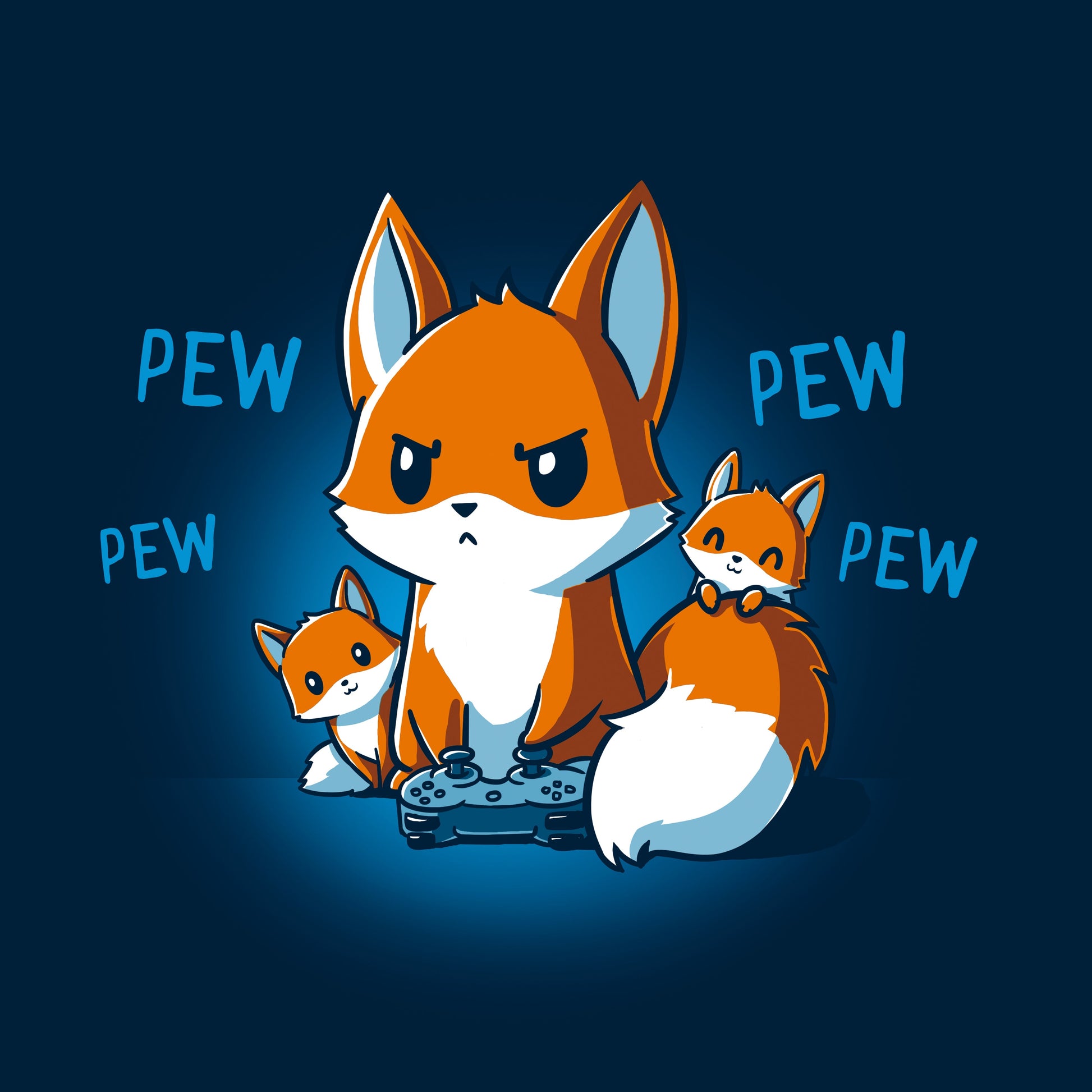 Classic Cotton T-shirt_TeeTurtle navy blue Pew Pew Parent. Featuring a parent fox playing a video game with a controller and its kits climbing over it.