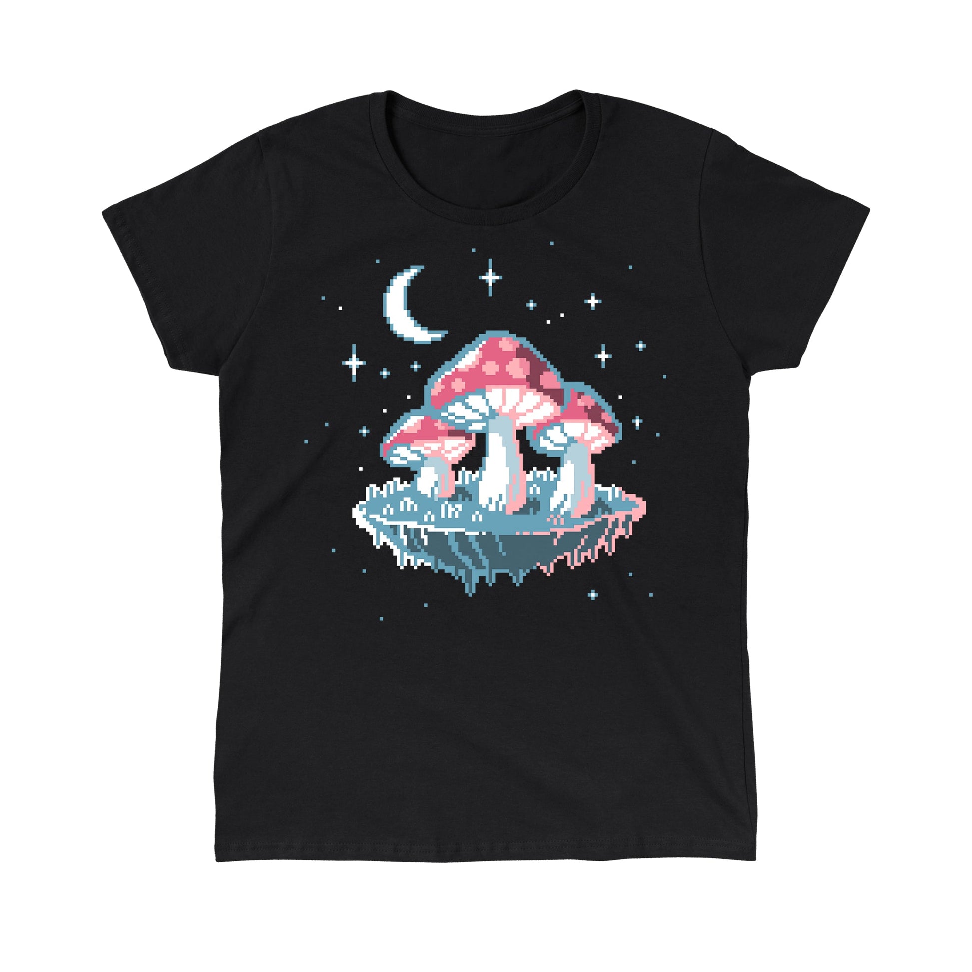 Classic Cotton T-shirt_TeeTurtle Pixel Mushrooms black t-shirt featuring a pixelated video game mushrooms with stars and the moon in the background. 