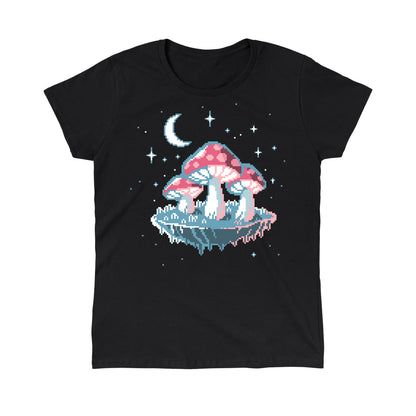 Classic Cotton T-shirt_TeeTurtle Pixel Mushrooms black t-shirt featuring a pixelated video game mushrooms with stars and the moon in the background. 