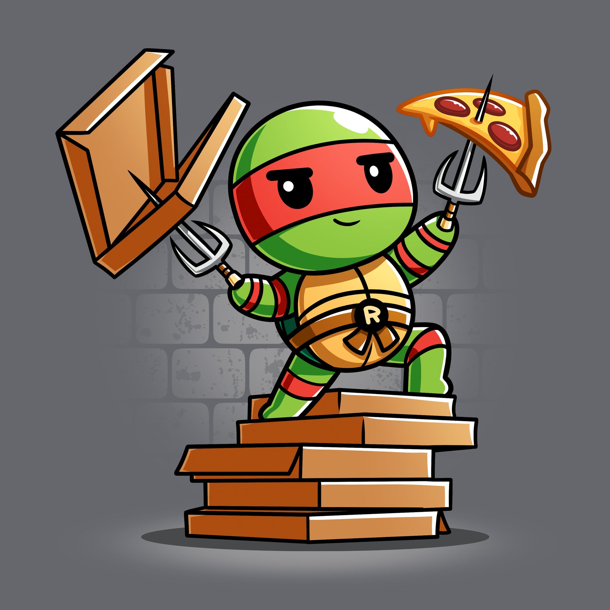 Classic Cotton T-shirt_TeeTurtle charcoal gray Pizza Power apparel featuring Raphael standing on a pile of pizza boxes with his weapons drawn.