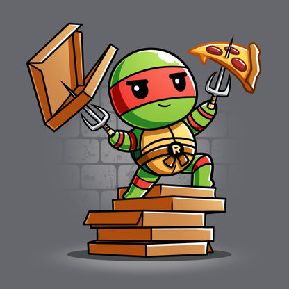 Classic Cotton T-shirt_TeeTurtle charcoal gray Pizza Power apparel featuring Raphael standing on a pile of pizza boxes with his weapons drawn.