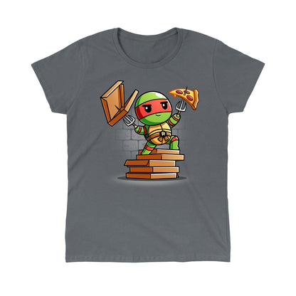 Classic Cotton T-shirt_TeeTurtle charcoal gray Pizza Power apparel featuring Raphael standing on a pile of pizza boxes with his weapons drawn.