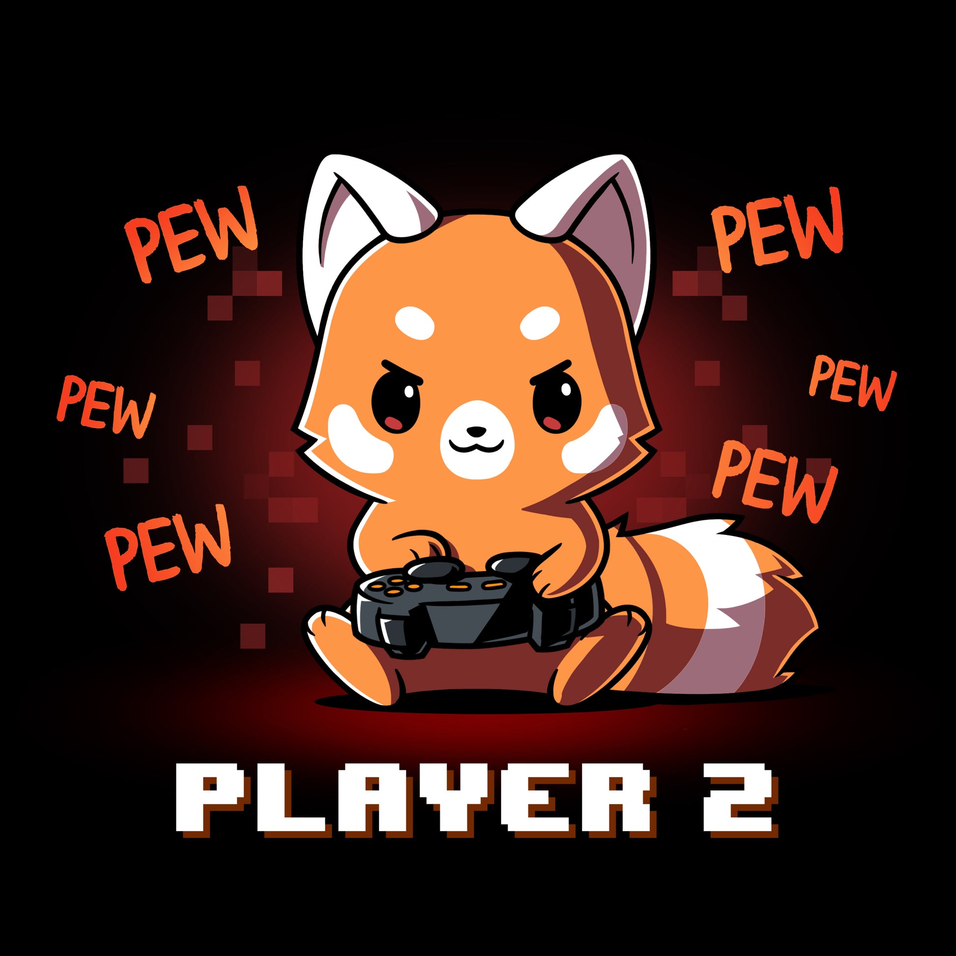 Premium Cotton T-shirt_Teeturtle Player 2 Red Panda black t-shirt featuring a red panda holding a game controller with "PEW PEW PEW" written around it. The text "PLAYER 2" is at the bottom.