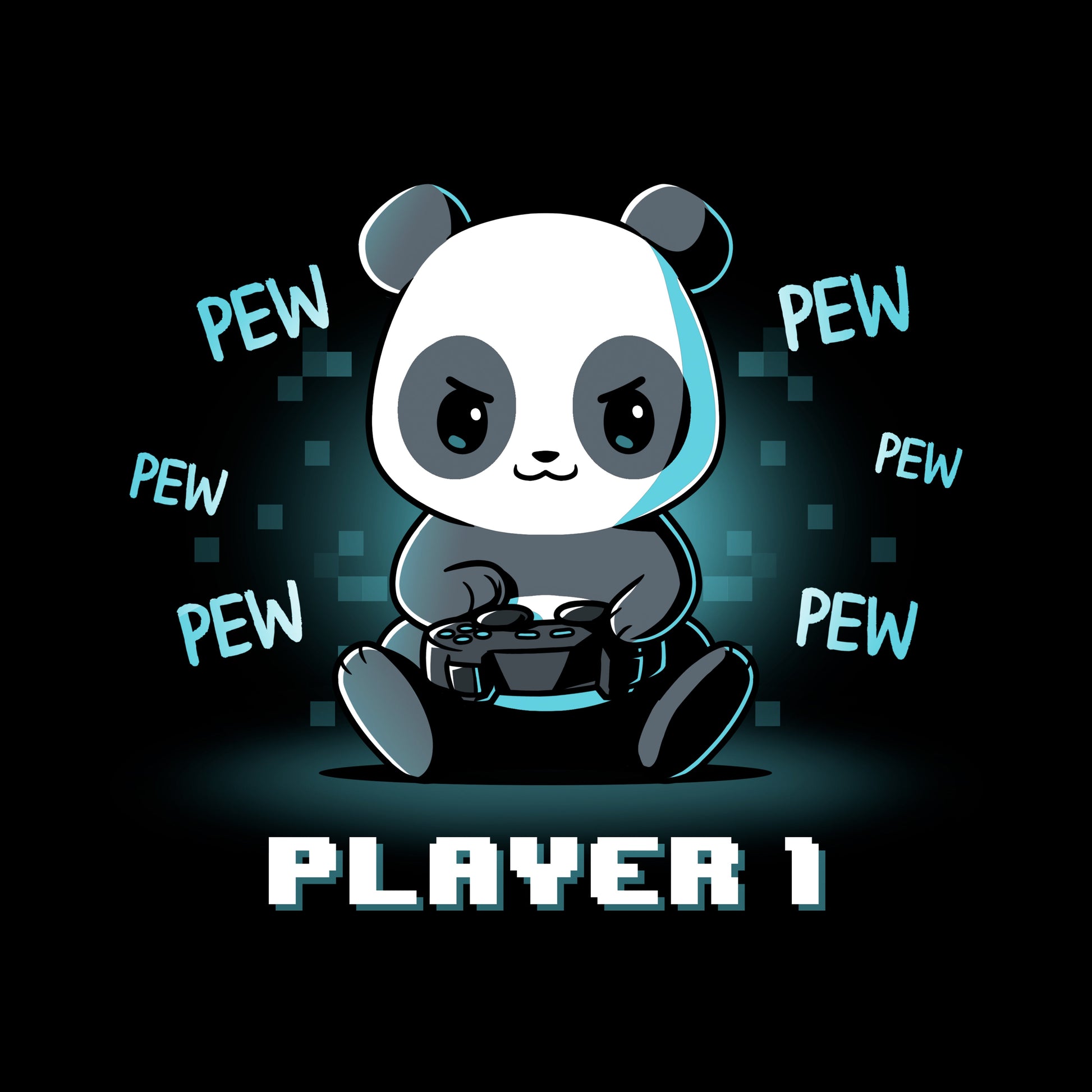 Classic Cotton T-shirt_Teeturtle Player 1 Panda black t-shirt featuring a determined panda holding a game controller with "PEW" written repeatedly around it. "PLAYER 1" is written at the bottom in pixelated text.