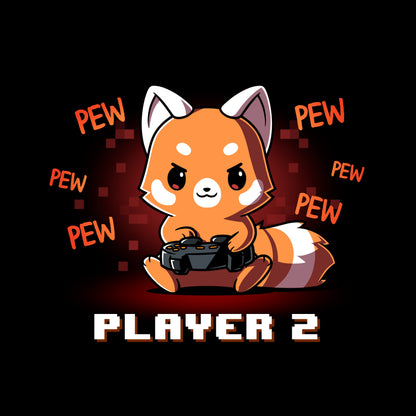 Classic Cotton T-shirt_Teeturtle Player 2 Red Panda black t-shirt featuring a red panda holding a game controller with "PEW PEW PEW" written around it. The text "PLAYER 2" is at the bottom.