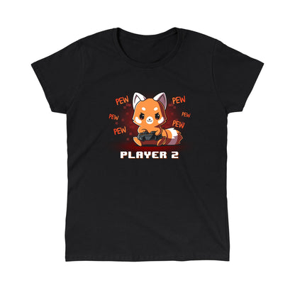 Classic Cotton T-shirt_Teeturtle Player 2 Red Panda black t-shirt featuring a red panda holding a game controller with "PEW PEW PEW" written around it. The text "PLAYER 2" is at the bottom.