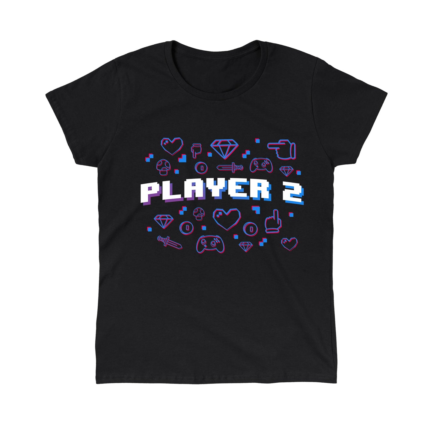 Classic Cotton T-shirt_TeeTurtle black Player 2. Featuring the text, "Player 2" surrounded by pixel art video game elements.