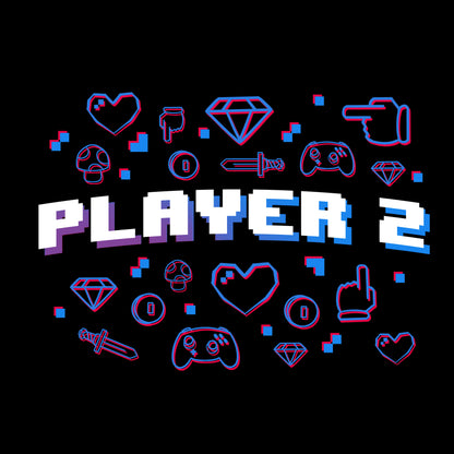 Classic Cotton T-shirt_TeeTurtle black Player 2. Featuring the text, "Player 2" surrounded by pixel art video game elements.