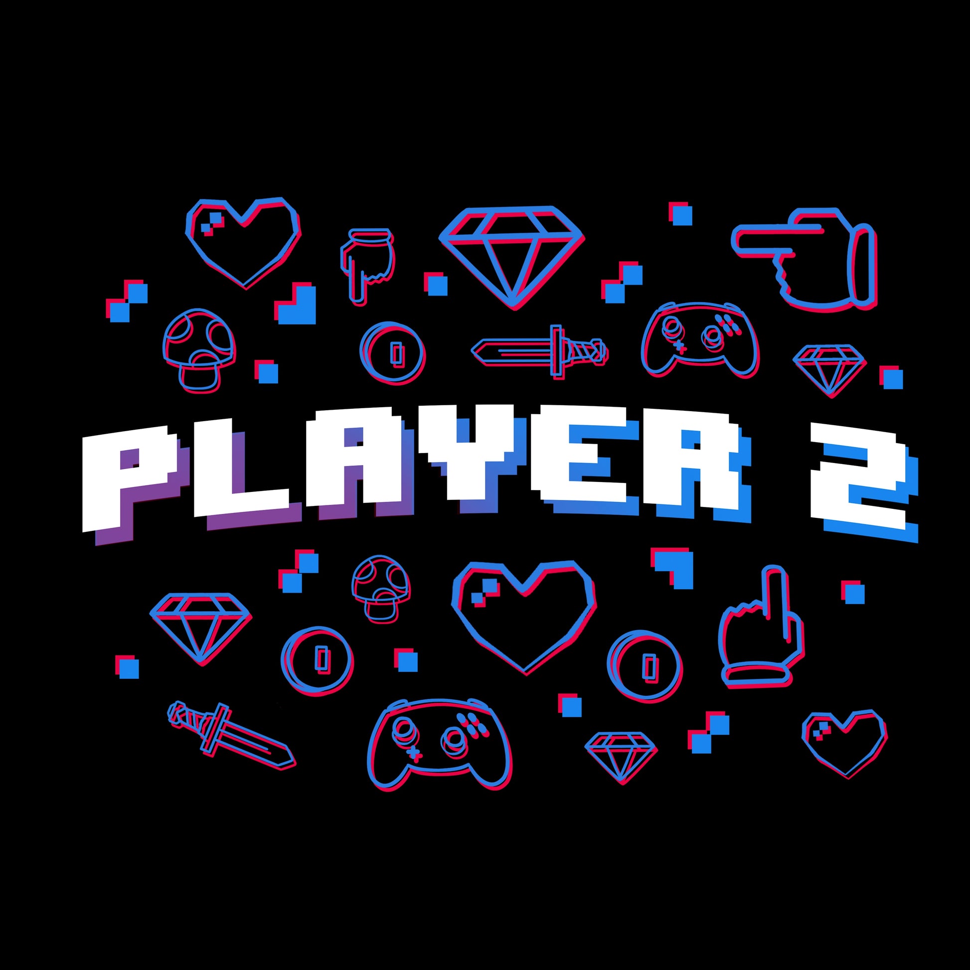 Long Sleeve T-shirt_TeeTurtle black Player 2. Featuring the text, "Player 2" surrounded by pixel art video game elements.