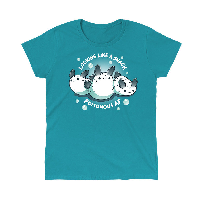 Classic Cotton T-shirt_TeeTurtle Poisonous AF tropical blue t-shirt featuring three sea bunnies, accompanied by the text "LOOKING LIKE A SNACK POISONOUS AF."