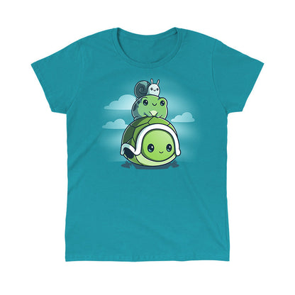 Classic Cotton T-shirt_TeeTurtle Pond Pals tropical blue t-shirt featuring a turtle with a frog sitting on its shell and a snail on top of the frog.