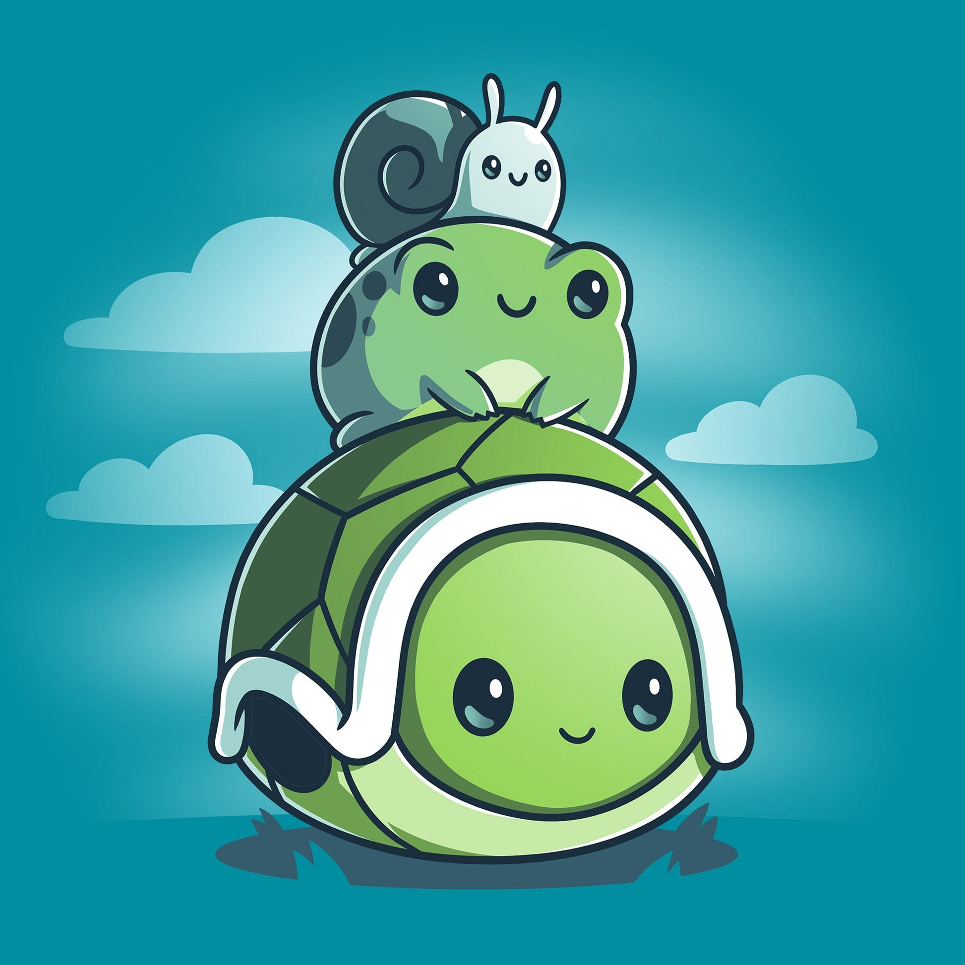 Classic Cotton T-shirt_TeeTurtle Pond Pals tropical blue t-shirt featuring a turtle with a frog sitting on its shell and a snail on top of the frog.