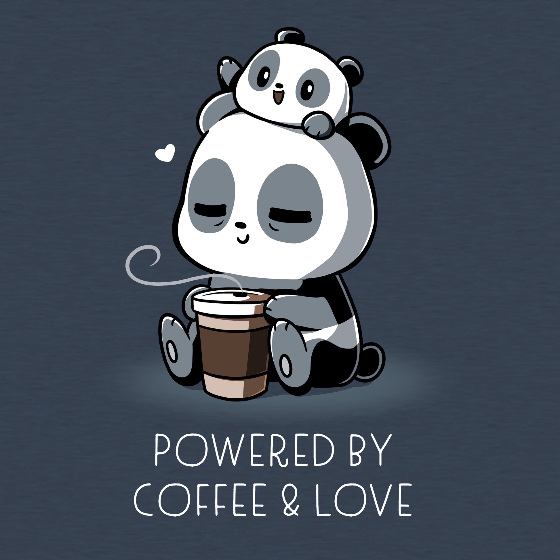 Classic Cotton T-shirt_Teeturtle Powered by Coffee & Love heather navy t-shirt featuring a sleepy panda holding a coffee cup with a smaller panda on its head. Text below reads, "Powered by Coffee & Love." 