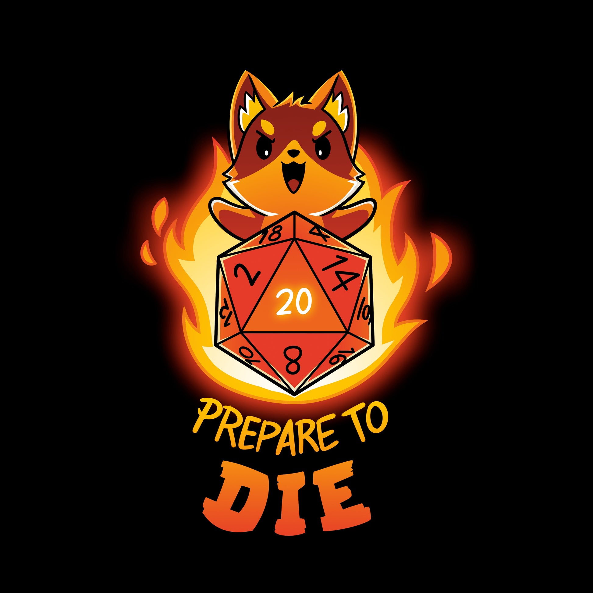 Classic Cotton T-shirt_TeeTurtle Prepare to Die (D20) black t-shirt featuring an extreme tabletop gaming fox behind a D20 dice rolled to a 20 with flames behind them.