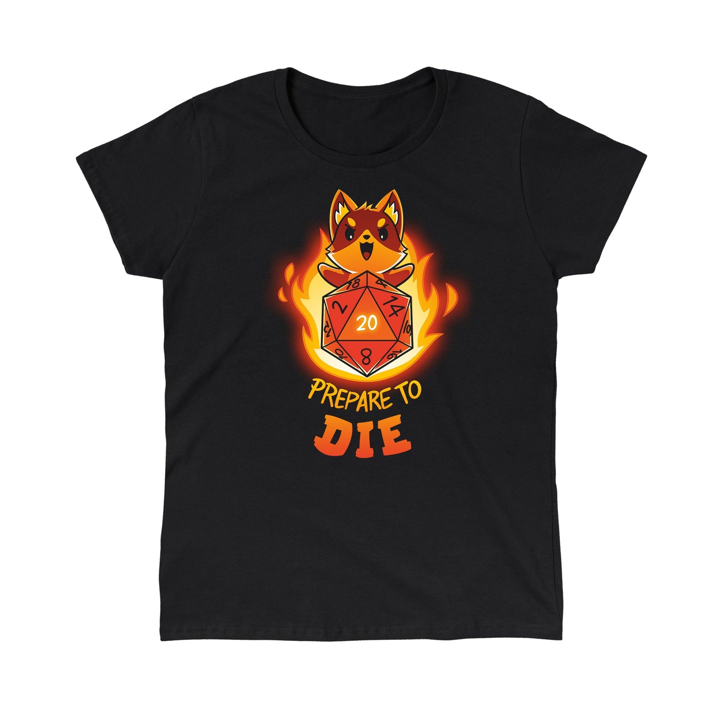 Classic Cotton T-shirt_TeeTurtle Prepare to Die (D20) black t-shirt featuring an extreme tabletop gaming fox behind a D20 dice rolled to a 20 with flames behind them.