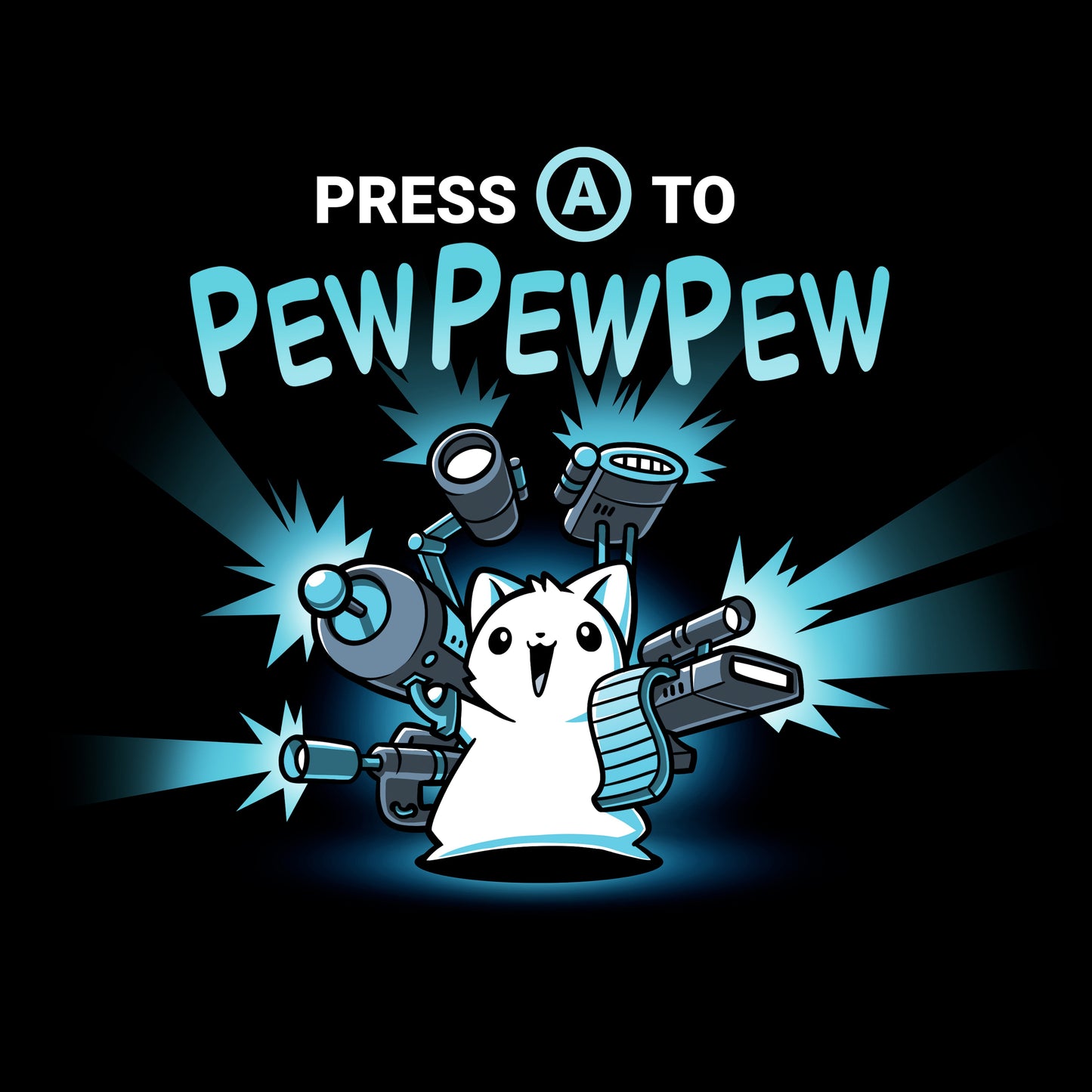 Long Sleeve T-shirt_TeeTurtle black Press A to PEWPEWPEW apparel featuring a cat holding a lot of guns.