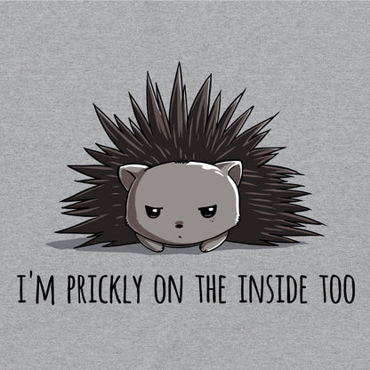 Long Sleeve T-shirt_TeeTurtle Prickly on the Inside heather gray t-shirt featuring a grey porcupine looking slightly annoyed with the text "I'm prickly on the inside too" below in this sarcastic animal design. 