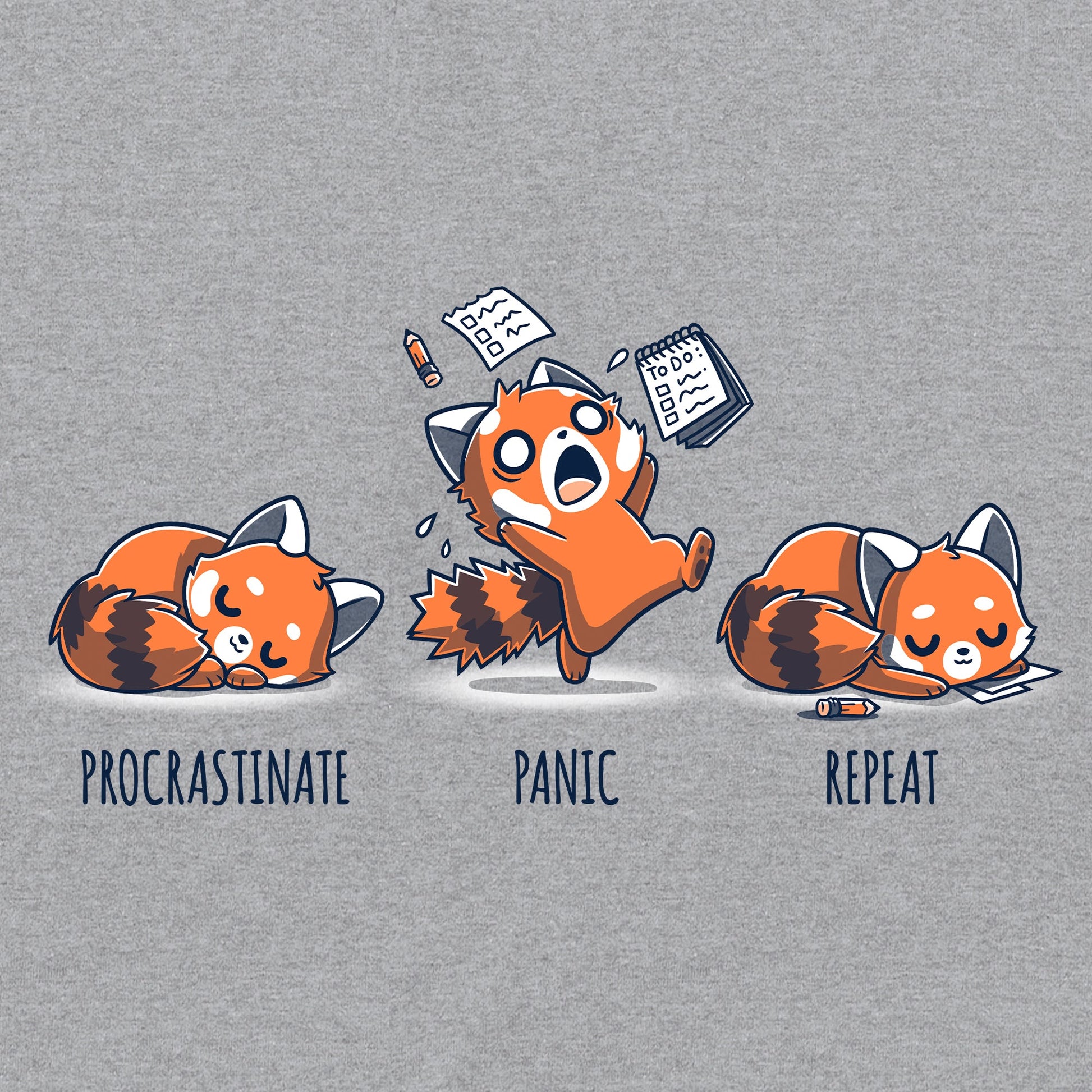 Classic Cotton T-shirt_TeeTurtle Procrastinate. Panic. Repeat. Heather Gray t-shirt featuring an illustrated sequence of a red panda first procrastinating, then panicking with papers flying, and finally repeating the cycle while asleep with a pencil nearby. 