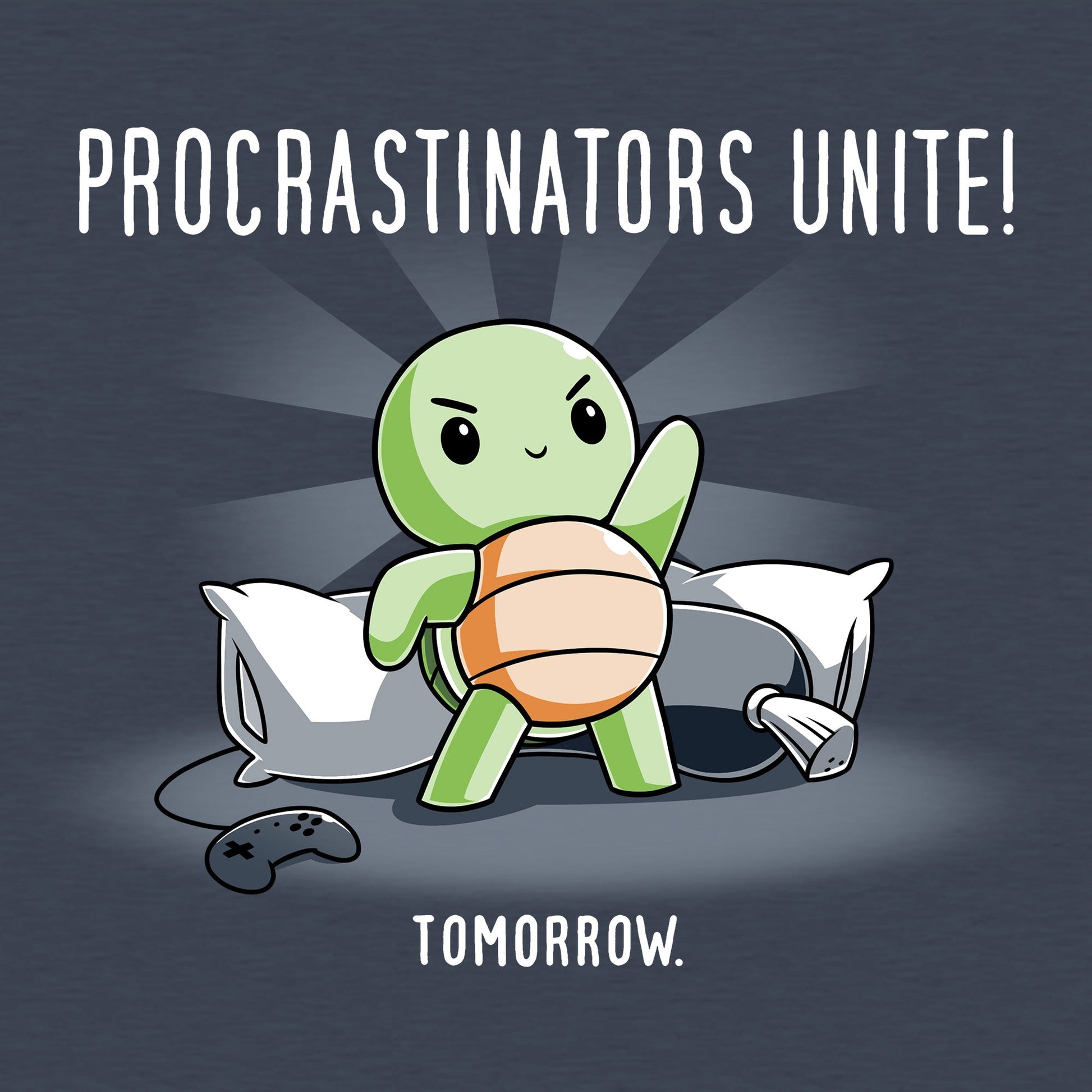 Classic Cotton T-shirt_TeeTurtle Procrastinators Unite! (Tomorrow) heather navy t-shirt featuring a green turtle standing on pillows with a game controller nearby, and text that reads, "Procrastinators Unite! Tomorrow."