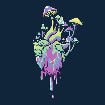 Classic Cotton T-shirt_TeeTurtle Psychedelic at Heart navy blue t-shirt featuring an illustration of a heart colored with pastel shades of pink, green, purple and blue that have a marbling effect, with colorful cartoonish mushrooms and green plants and foliage growing from the dripping heart.