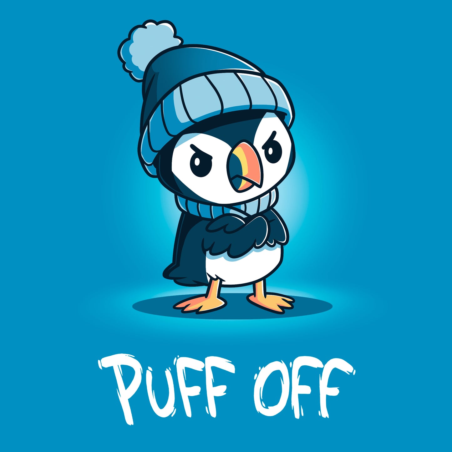 Classic Cotton T-shirt_TeeTurtle Puff Off sapphire blue t-shirt featuring a grumpy puffin wearing a hat and scarf with a pun underneath.