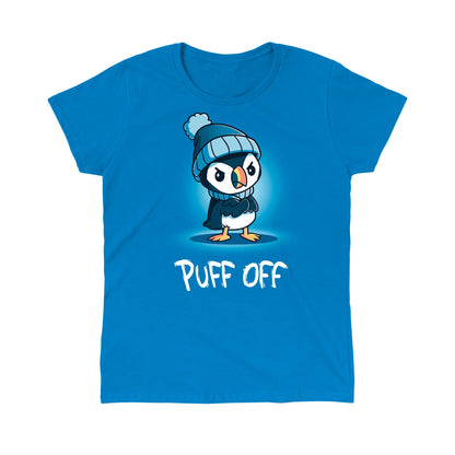 Classic Cotton T-shirt_TeeTurtle Puff Off sapphire blue t-shirt featuring a grumpy puffin wearing a hat and scarf with a pun underneath.