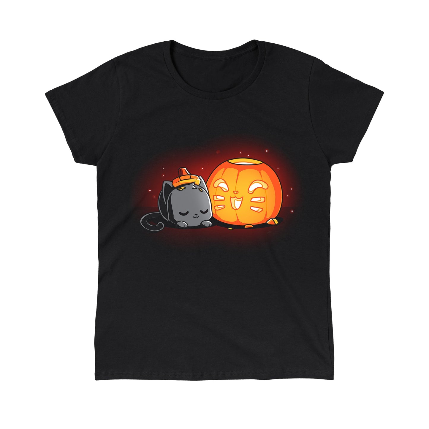 Classic Cotton T-shirt_TeeTurtle Pumpkin Carver black t-shirt featuring a cat sleeping next to a cute Halloween jack-o-lantern