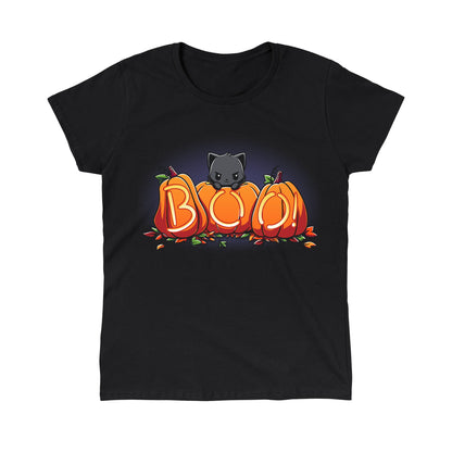 Classic Cotton T-shirt_TeeTurtle Pumpkin Kitty black t-shirt featuring a spooky black cat sitting behind three pumpkins that spell "BOO!" with glowing letters, surrounded by scattered leaves in Halloween fall colors. 