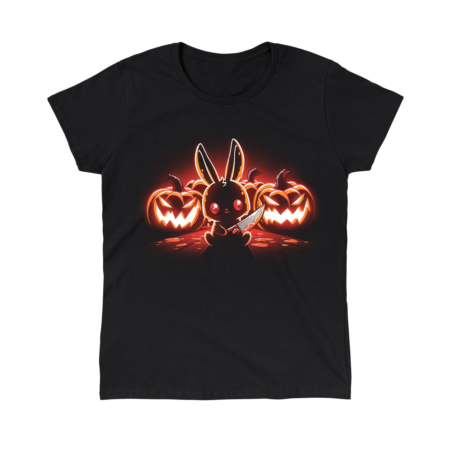 Classic Cotton T-shirt_TeeTurtle Pumpkin Murderer black t-shirt featuring a cute bunny holding a knife sitting in front of carved jack-o'-lanterns, illuminated by a glowing red light.